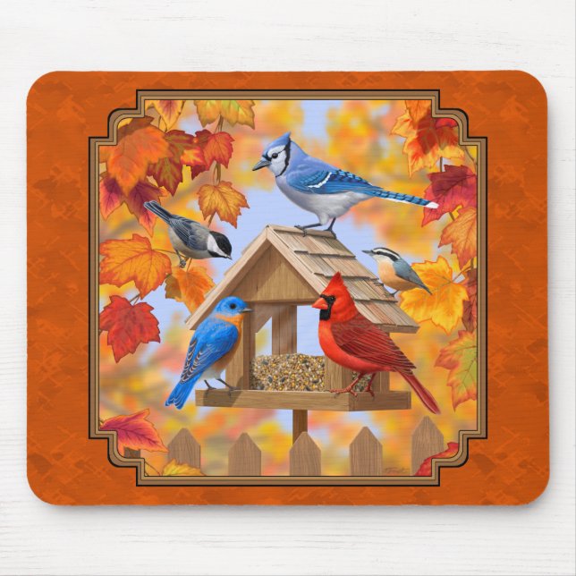 Bird Feeder Gathering Autumn Orange Mouse Pad (Front)