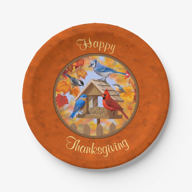 Bird Feeder Gathering Autumn Orange Paper Plates (Front)