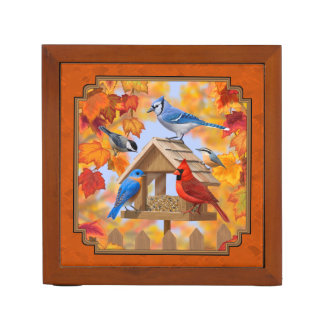Bird Feeder Gathering Autumn Orange Pencil Holder