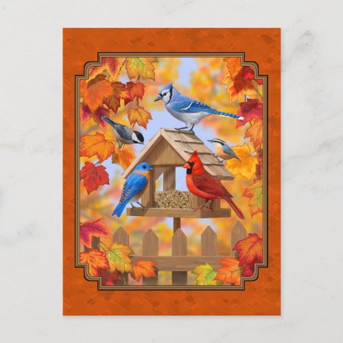 Bird Feeder Gathering Autumn Orange Postcard