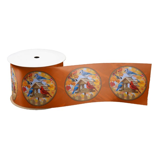 Bird Feeder Gathering Autumn Orange Satin Ribbon (Spool)