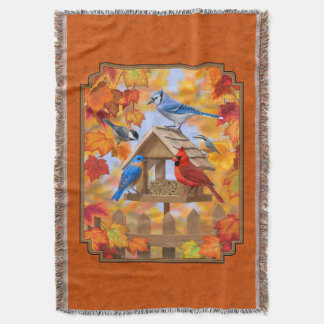 Bird Feeder Gathering Autumn Orange Throw Blanket