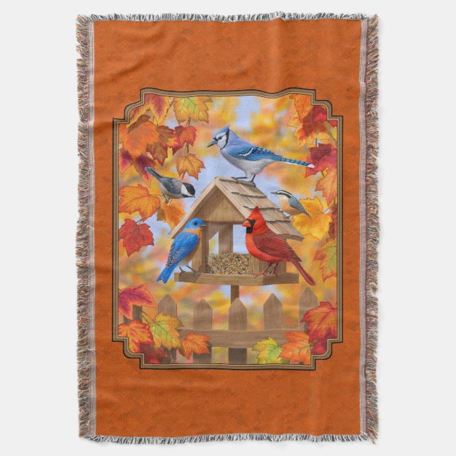 Bird Feeder Gathering Autumn Orange Throw Blanket (Front Vertical)
