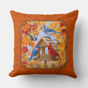 Bird Feeder Gathering Autumn Orange Throw Pillow