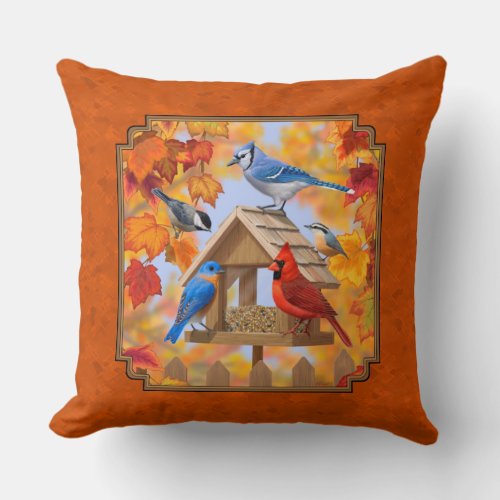 Bird Feeder Gathering Autumn Orange Throw Pillow