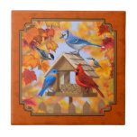 Bird Feeder Gathering Autumn Orange Tile