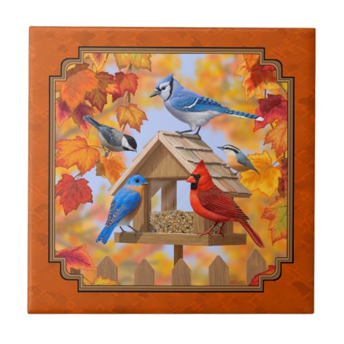 Bird Feeder Gathering Autumn Orange Tile