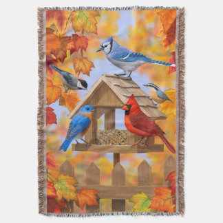 Bird Feeder Gathering Autumn Throw Blanket