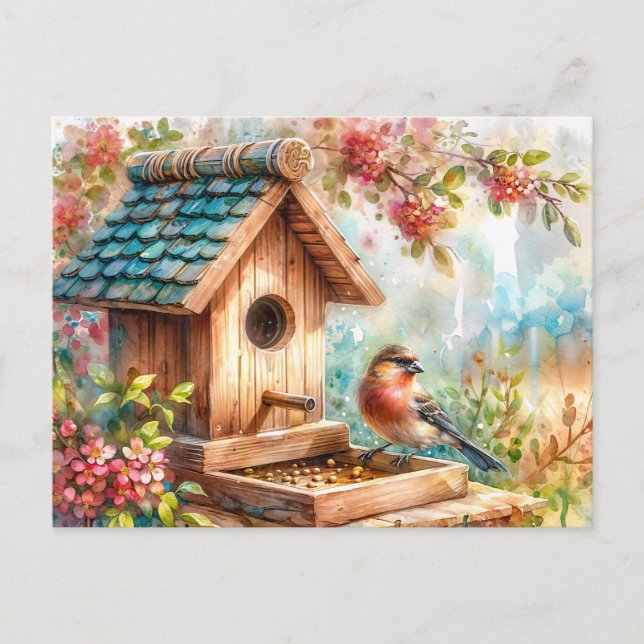 Bird Feeder Watercolor Floral Art Postcard (Front)
