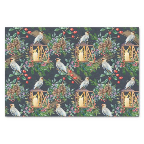 Bird finch Christmas greenery red berry candles Tissue Paper