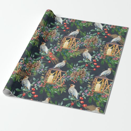 Bird finch Christmas greenery red berry candles Wrapping Paper