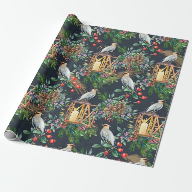 Bird finch, Christmas greenery, red berry, candles Wrapping Paper (Unrolled)