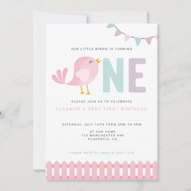 Bird First Birthday Girl Invite Little Birdie (Front)