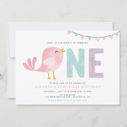 Bird First Birthday Girl Invite Little Birdie 