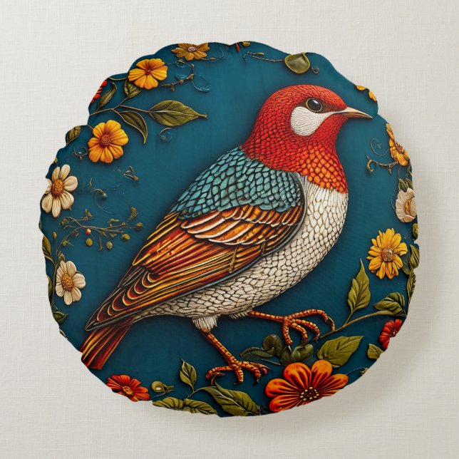 🐦 Bird Floral Nature Home Decor 🌸✨ Round Pillow (Front)