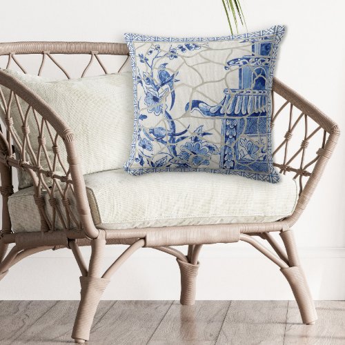 Bird Floral Vintage Blue and White Chinoiserie Throw Pillow
