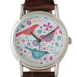 Bird Floral Watercolor Watch<br><div class="desc">Modern contemporary watercolor birds and flowers in teal green,  red and magenta pink.  Original art by Nic Squirrell.</div>