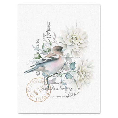 Bird Flower French Script Postmark Decoupage  Tissue Paper