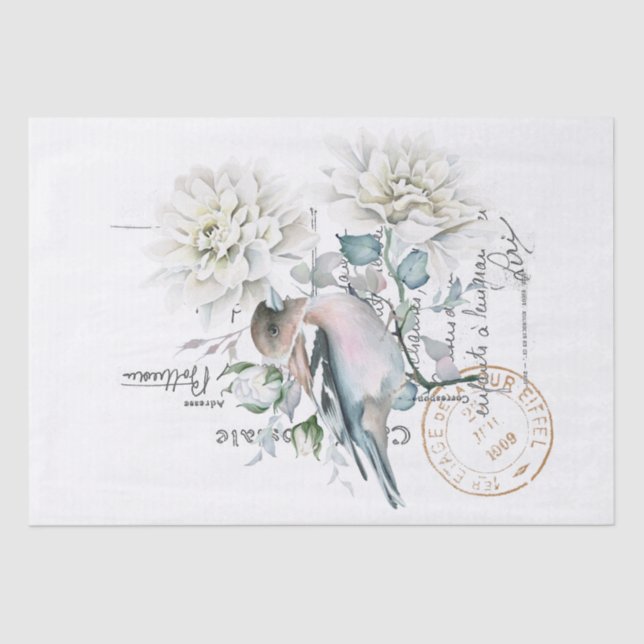 Bird Flower French Script Postmark Decoupage  Tissue Paper (Front)