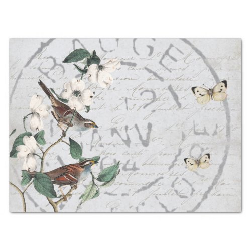 Bird Flower Postmark Butterfly French Script Blue  Tissue Paper