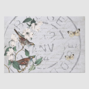 Bird Flower Postmark Butterfly French Script Blue Tissue Paper