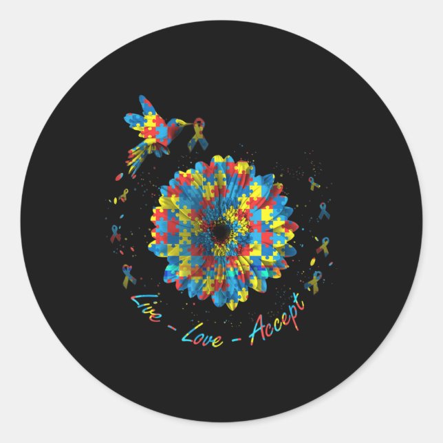 Bird Flower Ribbon Puzzle Live Love Accept Autism  Classic Round Sticker (Front)