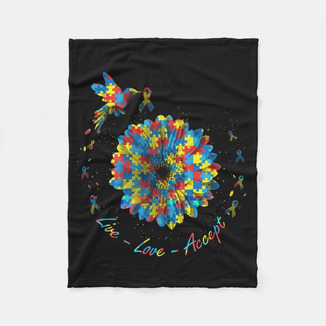 Bird Flower Ribbon Puzzle Live Love Accept Autism  Fleece Blanket (Front)