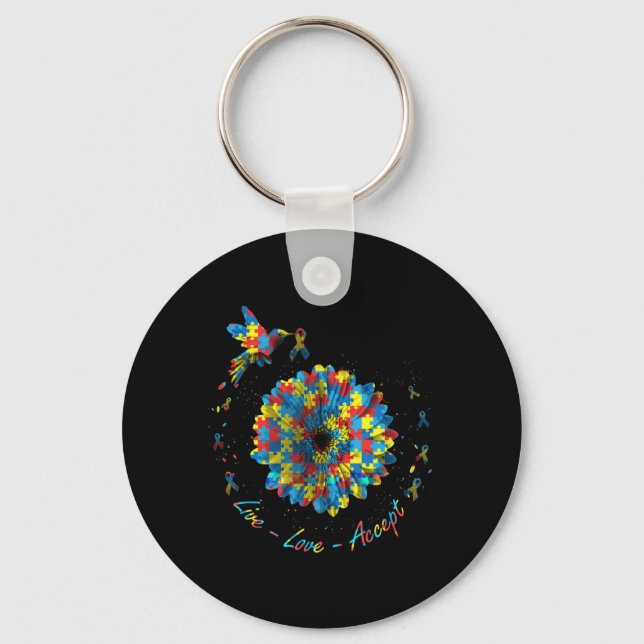 Bird Flower Ribbon Puzzle Live Love Accept Autism  Keychain (Front)