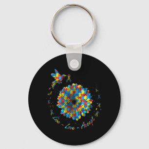 Bird Flower Ribbon Puzzle Live Love Accept Autism Keychain