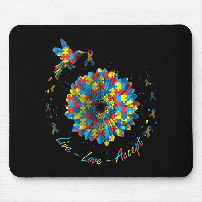 Bird Flower Ribbon Puzzle Live Love Accept Autism  Mouse Pad (Front)