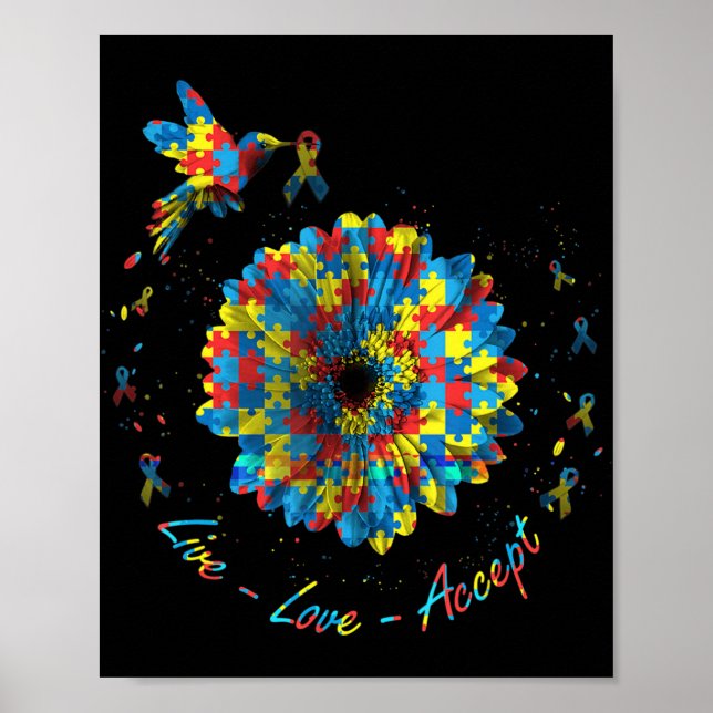 Bird Flower Ribbon Puzzle Live Love Accept Autism  Poster (Front)