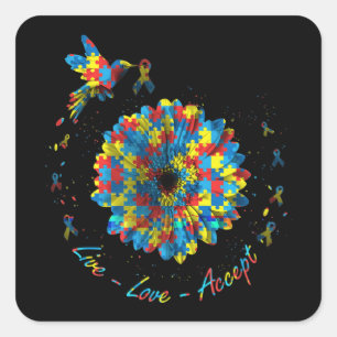 Bird Flower Ribbon Puzzle Live Love Accept Autism  Square Sticker