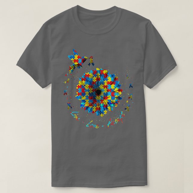 Bird Flower Ribbon Puzzle Live Love Autism Awarene T-Shirt (Design Front)