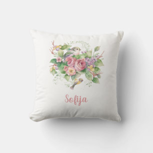Bird Flower Rose Watercolor Throw Pillow