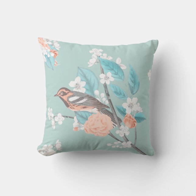 Bird & Flowers Throw Pillow (Front)