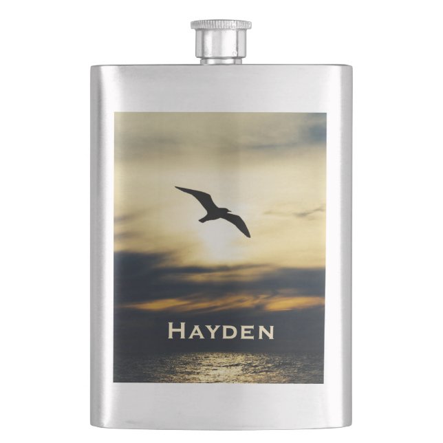 Bird Flying Silhouette Sunset Personalised Flask (Front)