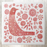 Bird Folk Art Ceramic Tile<br><div class="desc">Scandinavian folk art style red and white bird and flower design. Original art by Nic Squirrell.</div>