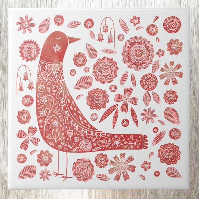 Bird Folk Art Ceramic Tile (Scandinavian watercolor red and white bird art ceramic tile)