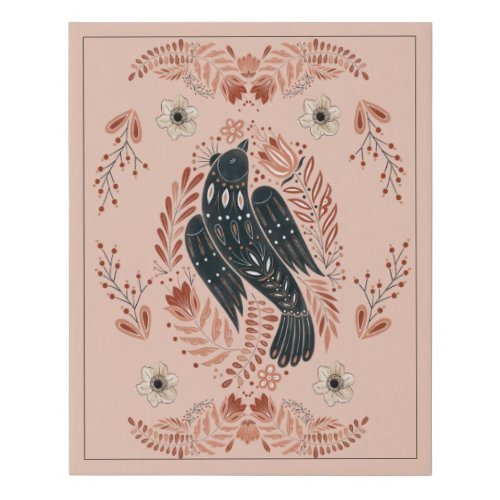 Bird  Folk Art Illustration Faux Canvas Print