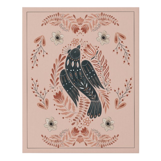 Bird  Folk Art Illustration Faux Canvas Print (Front)
