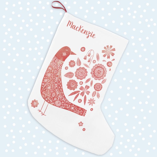 Bird Folk Art Personalized Small Christmas Stocking (Nordic Bird Scandinavian style personalized name Christmas stocking in red and white)