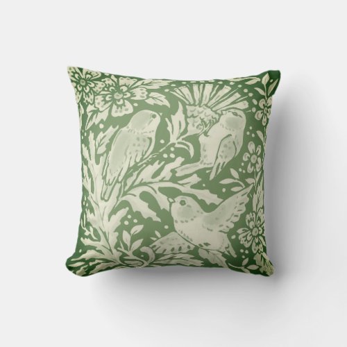 Bird Forest Green Woodland Thistle Floral Damask Throw Pillow