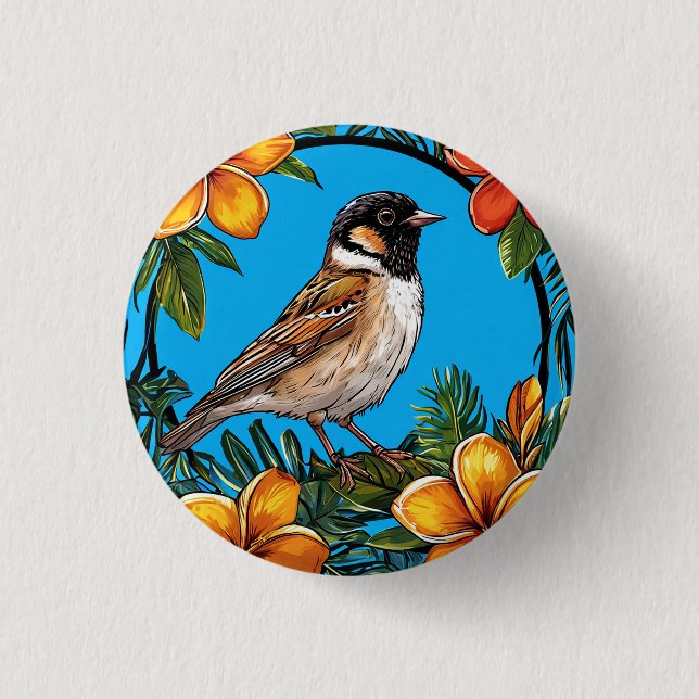 Bird Framed by Vibrant Flowers Button (Front)