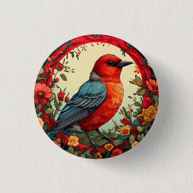 Bird Framed by Vibrant Flowers Button (Front)