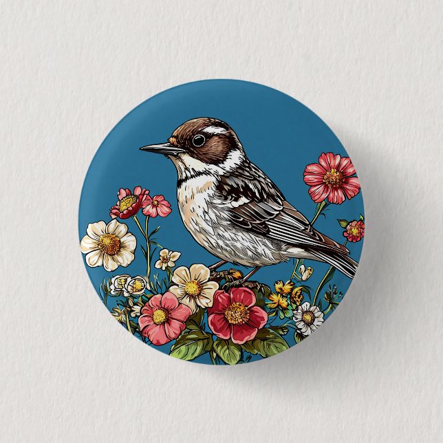 Bird Framed by Vibrant Flowers Button (Front)