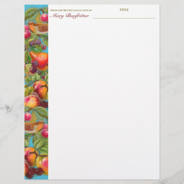 Bird fruit personalized recipe letterhead (Front)