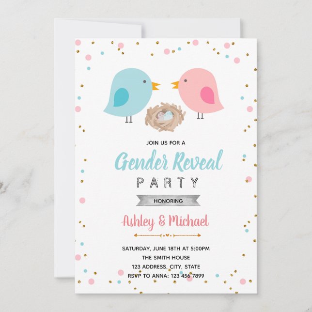 Bird gender reveal party invitation (Front)