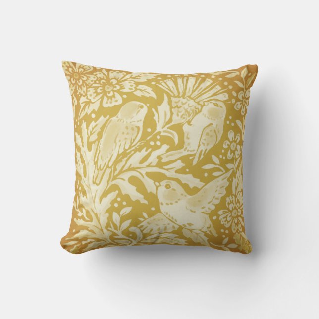 Bird Gold Yellow Woodland Thistle Floral Damask Throw Pillow (Front)