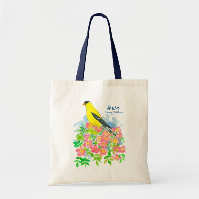 Bird Goldfinch Pink Prairie Rose Wildflowers Tote Bag (Front)