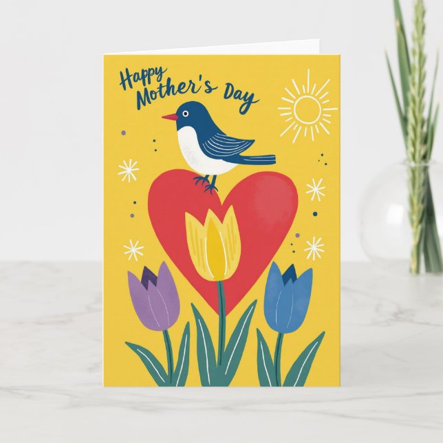 Bird Heart Mothers Day Floral Card (Front)